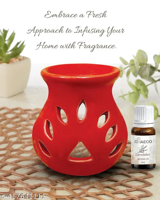 CHEECO Oil Burner Candle Diffuser for Home Fragrance, with 1 T-Light & 2 10 ml Aroma Oil-Fragrance Lemon Grass & Lavender (Red Diffuser Pot)