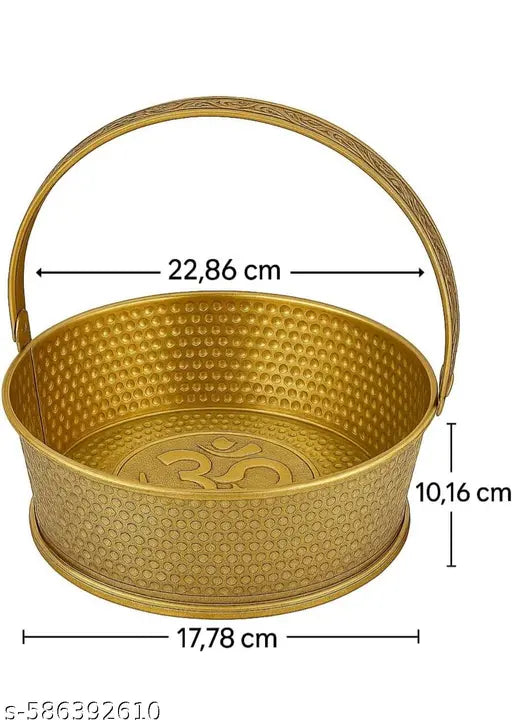Handle design. Round  metal puja basket with handle high quality metal gold finishes flower basket for puja Diwali Navratri festivals brass & metal handicrafts