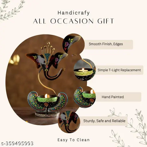 Kraphy Iron Ganesha T-Light Candle Holder ,Ganesha Candle Stand , Ganesha Deepak Stand , Iron Ganesha Table Decor & SHOWPIECE Figurine ,