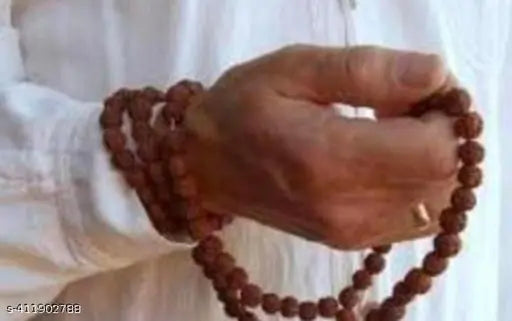 5 mukhi rudraksha Natural Mala 10 Mm Beads Japa Mala 108 + 1 Beads Wood Chain wood Chain and Gomukh Bag/Radha Krishna Bag (PACK of 1)