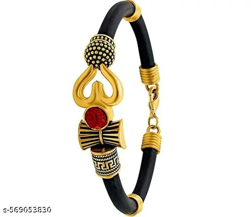 Men Black Gold Plated Affirmation Bracelet | Rudraksha Shiv Om Trishul Damroo Kada Bracelet