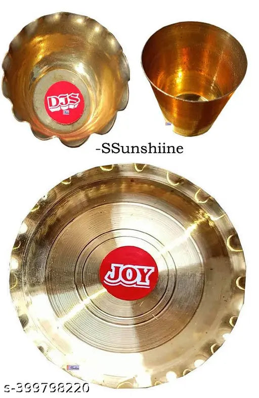 Pack of 9 light weight Brass Pooja Thalis & plates Set for worship, Plate, Glass and Bowl set