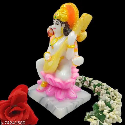 Om Sai Gifts Kamal Saraswati Maa Idol in Marble Material | 7.5 inches | Multicolored | Ideal for Home Temple puja | Festival pujan | Home Decor | showpiece | Gift Item