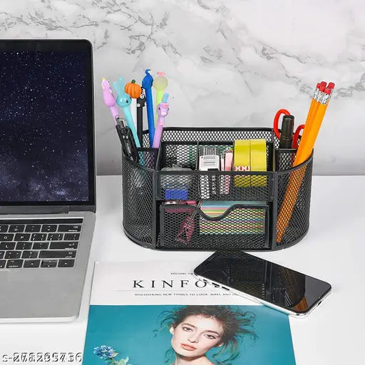 Metal Mesh Pen and Pencil Stationary Storage Tidy Desk Organizer Box with 9 Compartment for Home and Office Accessories (Black Color)