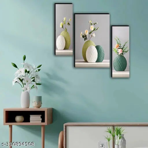 Set of 3 flower Pots  Religious Modern art self adeshive Home decorative gift item wall painting for living room , office , hotel MDF framed painting 12 inch X 18 inch(pack of 3 )