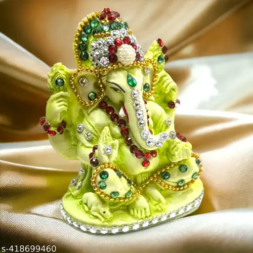 DEVINE Lord Ganesha Idol God with Jewellery, Ganpati/Ganesh JI Handicraft Statue Spiritual Puja Vastu Pooja Gift Item- 4 INCHES (Light Green)