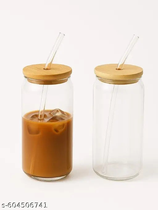 Ice Coffee Sipper Drinks Glass Can Mug with Straw for Milk/Coffee/Green Tea Cup Set of 1 -540ml Transparent Shape Cup (Pack of 1)