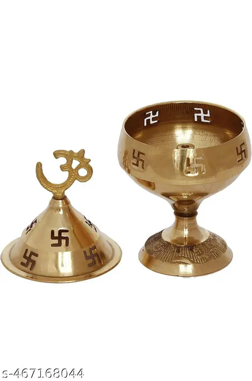 CLICKNECT INDIA Jyoti Diya in Brass with Om and Swastik Design Folding Stand Open Cap Cover Swastik Symbol Oil Lamp for Temple,Home,Office Pooja.