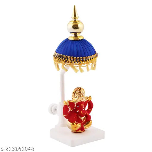 SAMARTH HANDICRAFTRed Marble Ganjesha ji on sitting position with Blue Chhatri with yellow chhalar