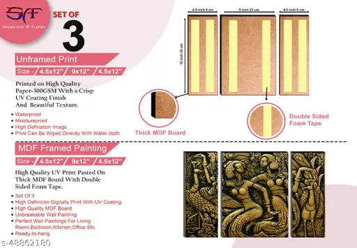 1ArtofCreation Set of 3 Modern Art Wall Art Peacoke People Dancing Culture UV Coated Home Decorative Mdf Wall Painting 12" X 18" Inch CANFJM1391