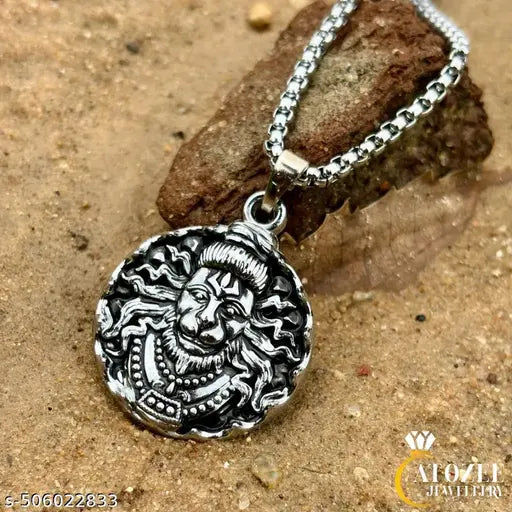 Lord Narasimha Pendant/Narasimha Dev Locket/Hindu God Necklace/Silver Plated Narasimha Pendant/Spiritual Pendant for Men/Lord Vishnu Avatar Locket/Stainless Steel Narasimha Necklace/Divine Protection Pendant/Bajrangbali Narasimha Locket/ Hanuman Pendant f