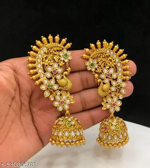 Majestic Peacock Temple Jhumkas – Antique Gold Finish with Kundan and Pearl Detailing