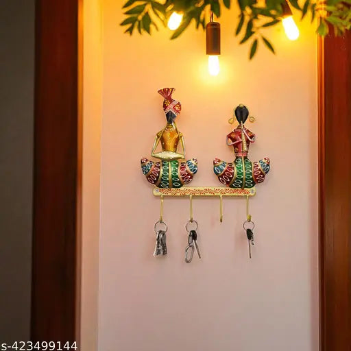 Handcrafted Rajasthani Couple Wall Hanging Key & Cloth Holder – 12 Inch