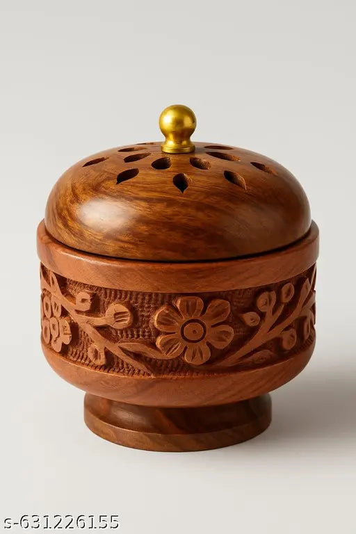 Wooden Effarts™ Royal Wooden Carved Incense Burner Box | Handmade Floral Design Agarbatti Holder with Ventilated Lid | Luxury Aroma Stand for Puja Room, Yoga & Gifting Purpose