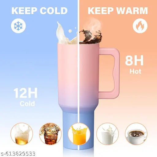 1.2 L Stainless Steel Tumbler Hot and Cold with Handle, lid and Straw, Leak Proof Mug Cupholder for Gym, Travelling,Office,School Cupholder Gifts Unisex (Pink Shaded)