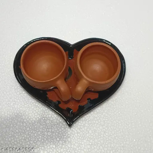 SimplyBuy Handmade Terracotta Clay Tray with 2 Cups Set - Eco-Friendly Pottery Serving Tray & Tea/Coffee Cups Set.