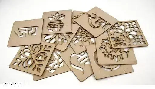 DIY MDF Wood Organic Rangoli Stencils for Floor and Wall Set of 12 pc (4 in x 4 in)
