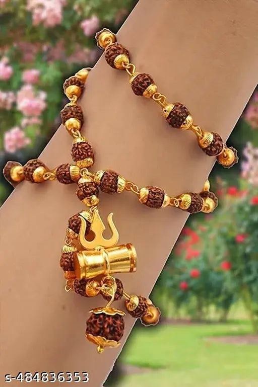Gold Plated Shiva Trishul Damru Mahadeva Panchmukhi Rudraksh Om  Damru  Pendant Locket Necklace Jewelry for Men and Women Gold-plated Brass Pendat (pack of 1)