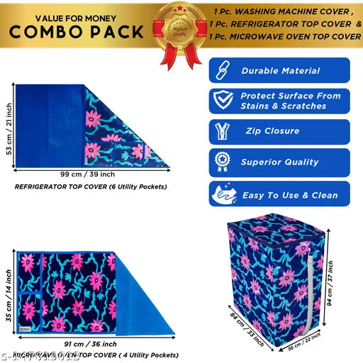 E-Retailer® Exclusive 3-Layered Polyester Combo Set of Appliances Cover (1 Pc. of Fridge Top Cover,  1 Pc. of Microwave Oven Top Cover and 1 Pc. Semi Automatic Washing Machine Cover) (Color-Pink, Design-Floral, Set Contains-3 Pcs.)