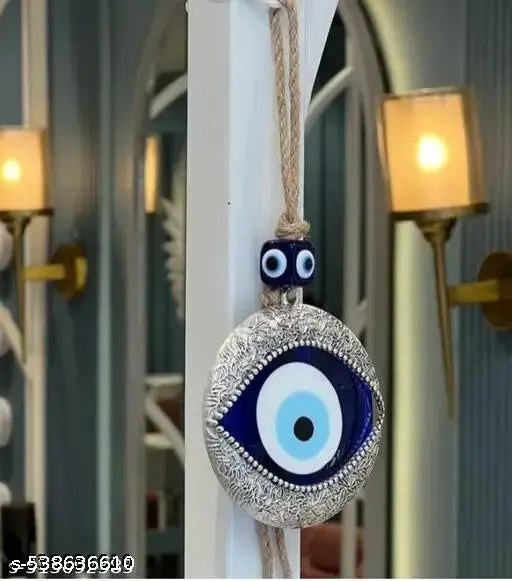 Metal Feng Shui Vastu Blue Big Glass Evil Eye Door/Wall Hanging Nazar Suraksha Amulet Decoration Home/Office (Silver)