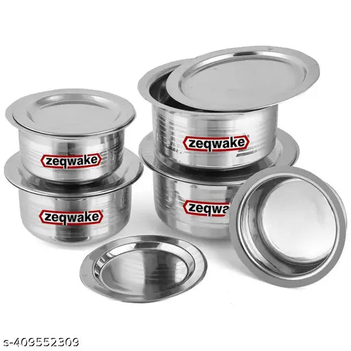 Stainless Steel Patila Bhagona Tope Set With Lid Handi Milk Storage Tapeli Tapela Serving Set Cookware - Pot 20 cm, 18 cm, 16 cm, 14 cm, 12 cm diameter 2000 ML, 1500 ML, 1000ML, 750 ML & 500 ML capacity with Lid (Stainless Steel)