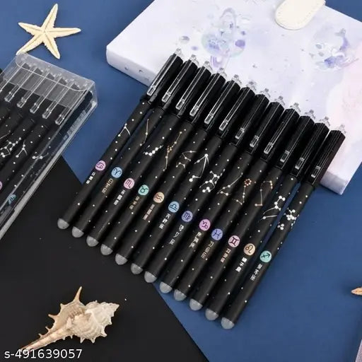 6 PIECE Erasable Constellation Star Galaxyy Printed Zodiac Gel Pens 0.5mm | Gel Blue Ink Pen Office School Stationary Supplies | Play Sudoku | Back Tip Is Eraser | Cheating Pen