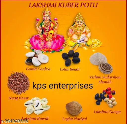 LAKSHMI KUBER POTLI FOR WEALTH AND PROSPERITY POTLI 1,GOMATI CHAKRA 5,NAAG KESAR 11,KODI 5,GUNJE RED BLACK WHITE 5 EACH,KAMAL GATTE 5,LAGHU NARIYAL 1, VISHNU SHUDARSHAN CHAKRA 1 (44 pcs)