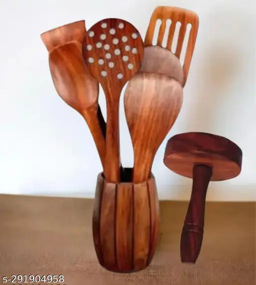 Wooden Non-Stick Cookware/Wooden Spoons Set and Free 1 Wooden Parantha Presser (No holder)