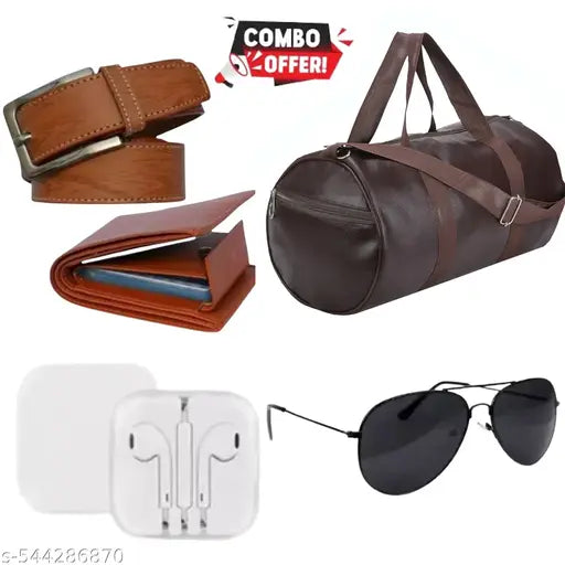 Buy Trendy MEN Genuine Leather Men’s Wallet & Get FREE Brown PU Belt, Wired Handfree, Brown Gym Bag & Black Sunglasses | Bumper Combo Offer for Boys & Men