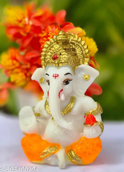 ShivShakti Store 3×2 inches hand printed ganesha idol for car dashboard Marble dust ganpati murti for house warming office desk elegance pooja Item for your loved once