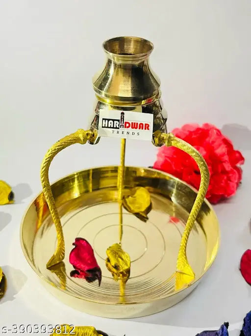 Haridwar Trends | Brass Pooja Plate Thali with Brass Shivling Stand Tripai and Abhishek Kalash Lota for Shiv Pooja | Brass Pooja Plate Thali | Shivalingam Stand | Shivling Stand | Puja Bhog Thali | Shivalinga Stand for Jalabhishek without Shivling.
