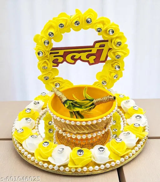 Haldi Ceremony Decorative Platter | Wedding Haldi Plate with Artificial Flowers & Bowl | Decorative Tray