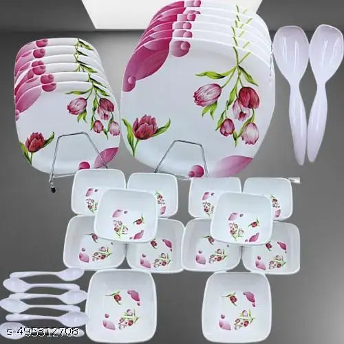Perfectdine 11/8 inch Melamine Printed Design Dinnerware Set of 32 pcs (6 Dinner Plates ,6 Half/Quarter Plates, 12 Bowl, 6 Table Spoon 2 service spoon  Set)