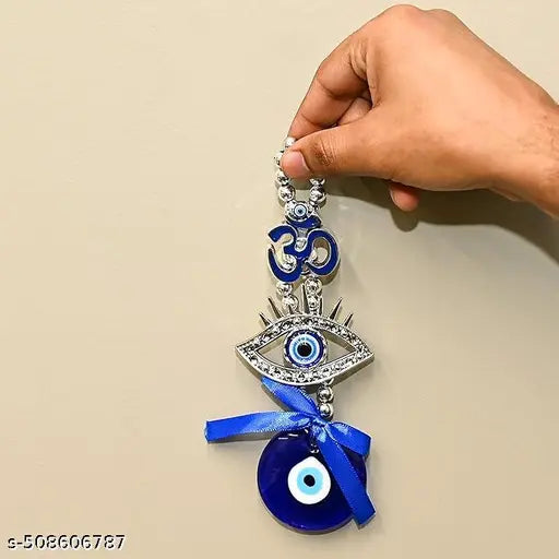 Hindcraft Wall Hanging Decor – Metal Om Design Evil Eye Wall Hanging with Blue Pendant | Spiritual Protection Amulet for Home, Office, Car | Lucky Charm & Wind Chimes for Positive Energy