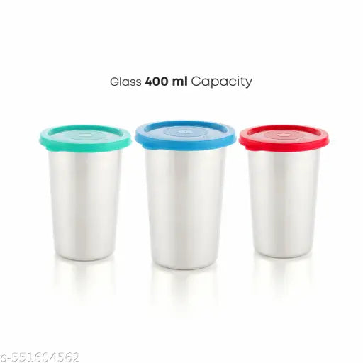 Stainless steel tumbler with lid, Air Tight Leak Proof Glass Tumblers for Office Lunch Gym Yoga Hiking Trekking Travel Home Kitchen for Water Butter Milk Chass Lassi Coffee Tea 400ml (PACK OF 3) (RED & BLUE & GREEN )