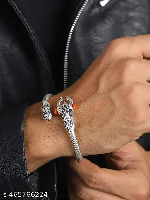 Mahakal Silver Bracelet Rudraksha Lord Shiva Trishul Damroo Adjustable Kada with Mahadev Trishul Damru Locket for Men & Women Boys