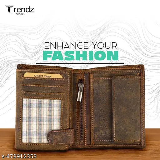 Trendz Firenze Vertical RFID Blocking Genuine Leather Wallet for Men Tall Brown Bifold Wallet with Coin Pocket Zipper ID Window & 9 Card Slots Slim Vintage Gents Wallet for Travel & Daily Use
