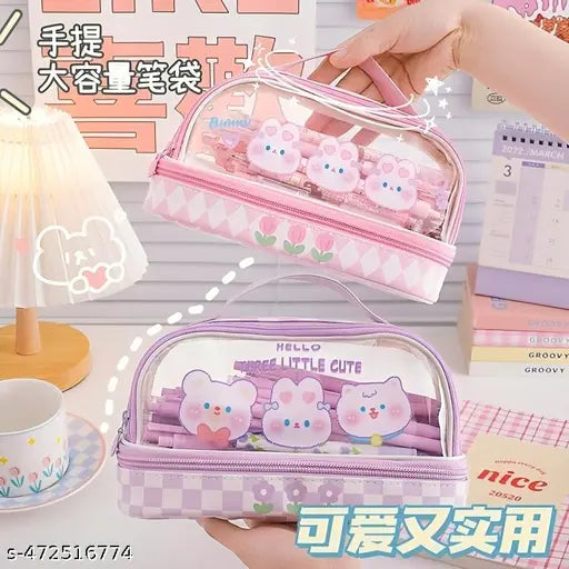 Kawaii Pencil Pouch with Strap Double Layer Pencil Pouch --Cl0ear Waterproof Cute Preppy Pencil Case Pen Bags Holder Storage and Organizer (Purple Friends)