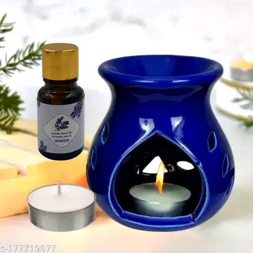 Home Delight Blue Ceramic 1 Tealight Candles Aroma Diffuser With 10ml Lavender Fragrance Oil Diffuser Set