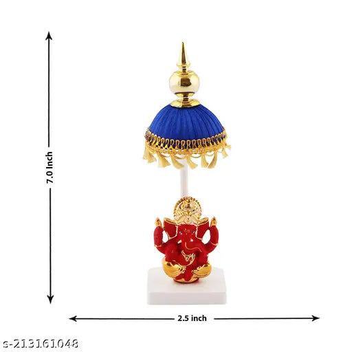 SAMARTH HANDICRAFTRed Marble Ganjesha ji on sitting position with Blue Chhatri with yellow chhalar