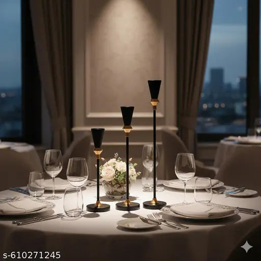 BROSHEE Set of 3 Black Metal Candlestick Holders with Golden Brass Cups | Tall Candle Stands for 3/4 Inch Taper Candles | Modern Home, Wedding & Table Decor