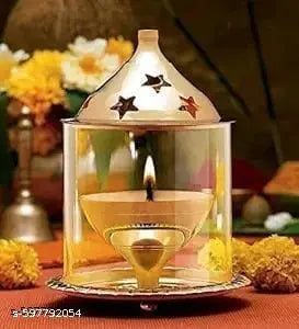 C A GIFT CREATION Akhand Jyot Aaradhya Brass Pooja Diya for Puja & Religious Rituals with Borosilicate Glass Cover for Home,Office & Temple | Traditional Gifting (4.8 Inch Height)