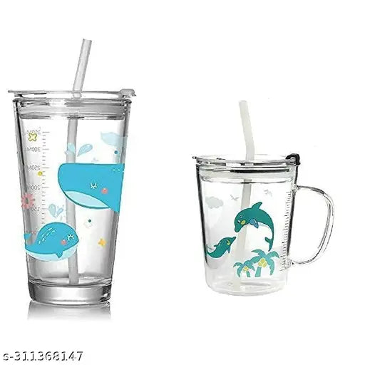 NIYA TRENDZ  Random Design Cartoon Glass Milk Fruit Juice Cup for Kids 400ml and Glass Sipper Tumbler with Lid and Straw 470 ML