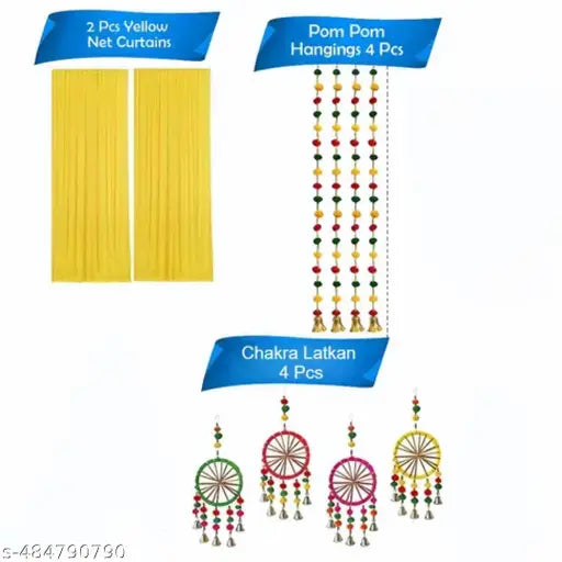 P-YOG Haldi Decoration Items for Marriage - 10 Pcs Pom Pom Hangings for Decoration, with Yellow Backdrop Cloth for Decoration | Ganpati Decoration Items for Home | Janmashtami Decoration Items