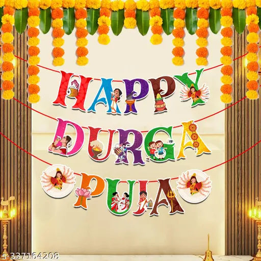 Zyozi Durga Puja Banner, Durga Puja Bengali Banner, Happy Durga Puja Multicolor Banner, Decorative Items for Durga Puja (Pack Of 1 Set)