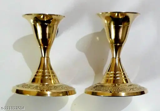 Brass Candle Stand with Embossed Base Design (Standard Size, Golden)
