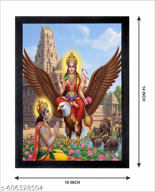 Marwal Hub Lord Vishnu Ji on Garuda Wall Hanging | Divine Vishnu Bhagwan with Garuda Vahan photo Framed Painting | Wooden Home Decor  Frame (Black, 10 x 14 Inch, Small Size)