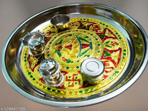 Pooja Thali Meenakari Stainless Steel 11 Inch | Traditional Decorative Puja Thali for Aarti Home Temple