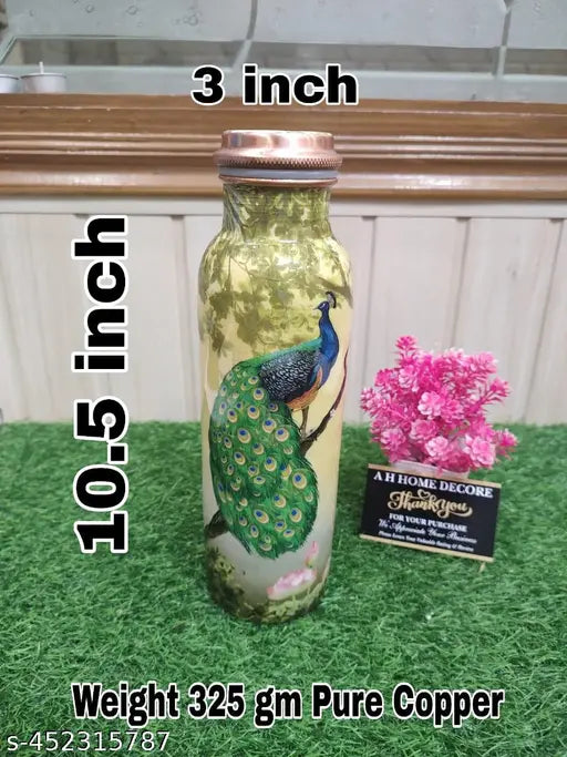 Beautiful Pure Copper Water Bottle 1 Litre Leakproof Peacock Meena | BPA Free | 100% Leak Proof | Office Bottle | Gym Bottle | Home | Kitchen | Travel Bottle | Hiking | Treking Bottle (10.5 X 3 Inches)
