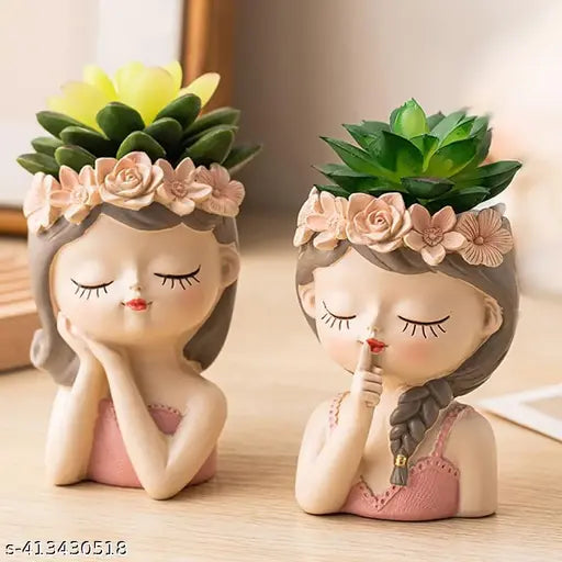 Quiet & Chic Modern Woman's Bust Vase, Artistic Herringbone Face Plant Pot, Pedestal Succulent Planter Pot for Home and Office Decor (Set Of 2)